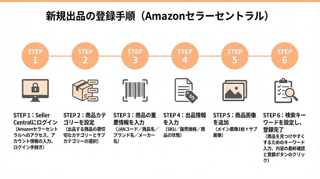 Amazonセラーセントラルで新規出品を行う際の商品登録手順を解説した図解