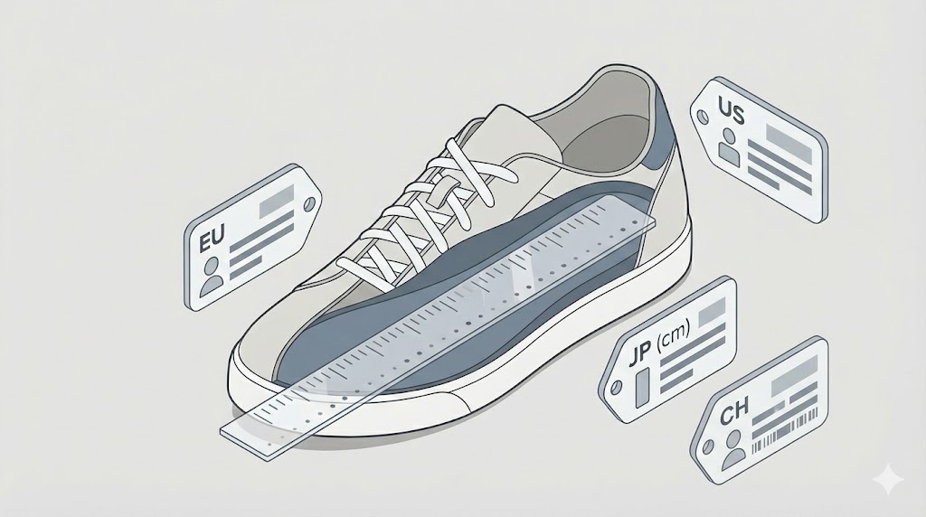 中国輸入における靴サイズの違いとcm実測による確認を示した概念図