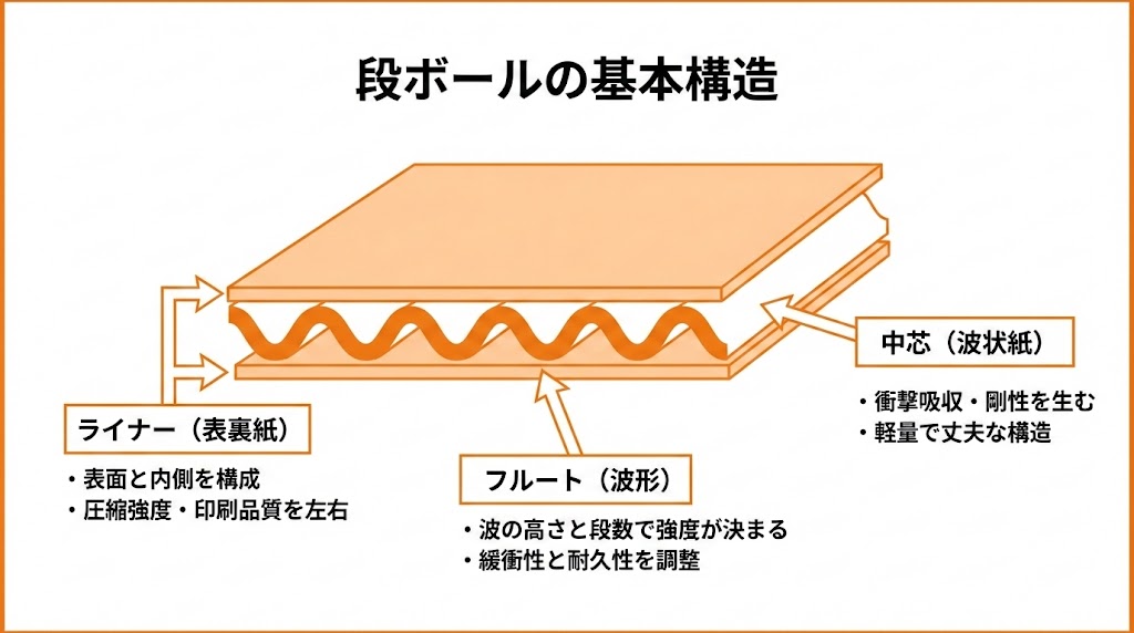段ボールの基本構造（ライナー・中芯・フルート）を示した断面図