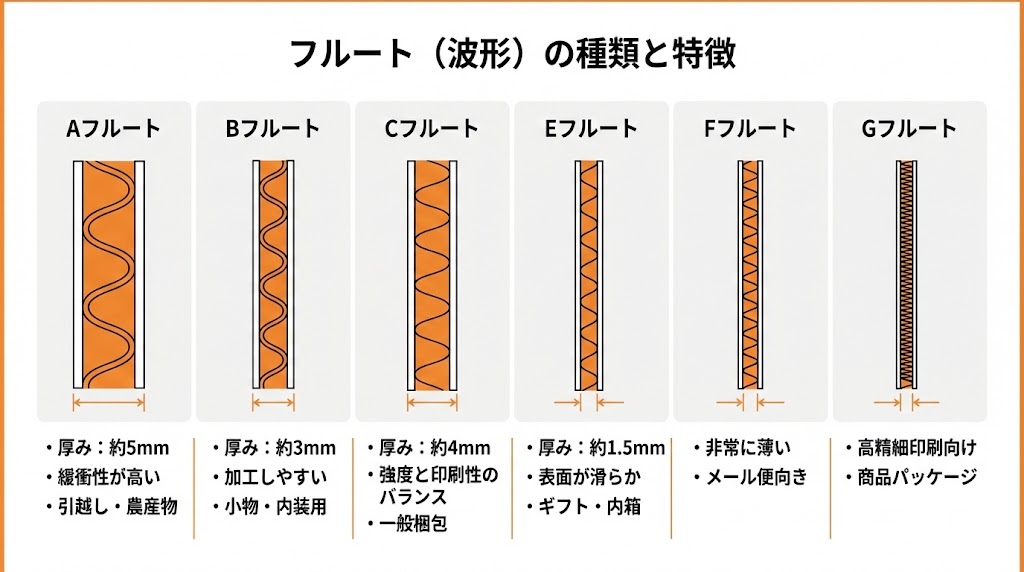 段ボールのフルート（A・B・C・E・F・G）の厚みと用途を比較した図