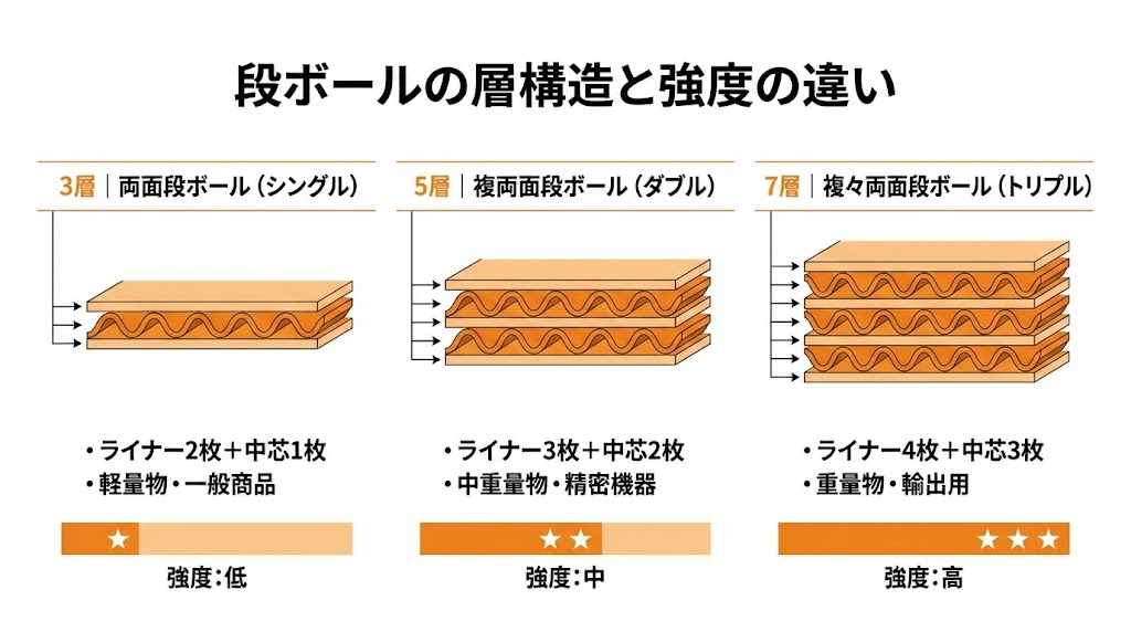段ボールの3層・5層・7層構造と強度の違いを示した比較図