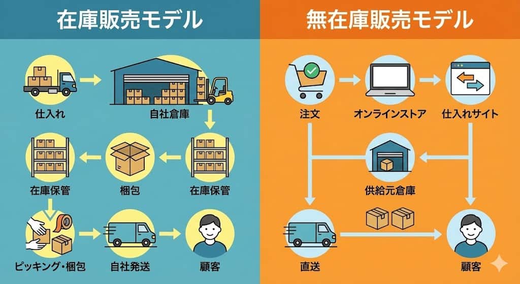 無在庫販売と在庫販売の比較図：仕入れ・在庫・発送の違い