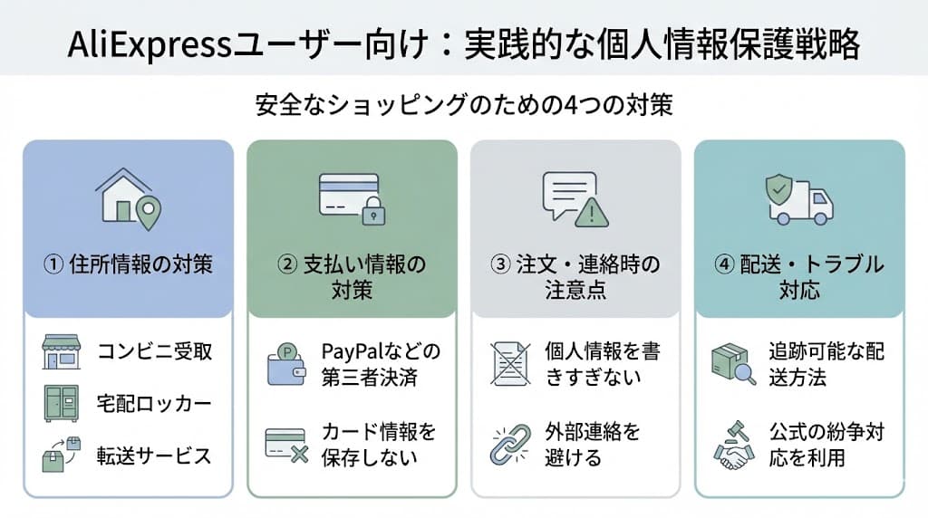 AliExpress利用時に個人情報を守るための具体的な対策を整理したインフォグラフィック