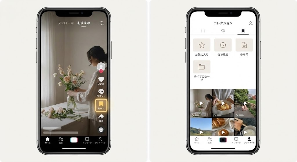 TikTokのセーブ（お気に入り）機能の使い方。動画をコレクションに保存する画面