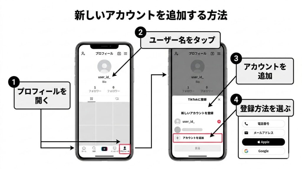 TikTokで新しいアカウントを追加する手順を示した操作イメージ図