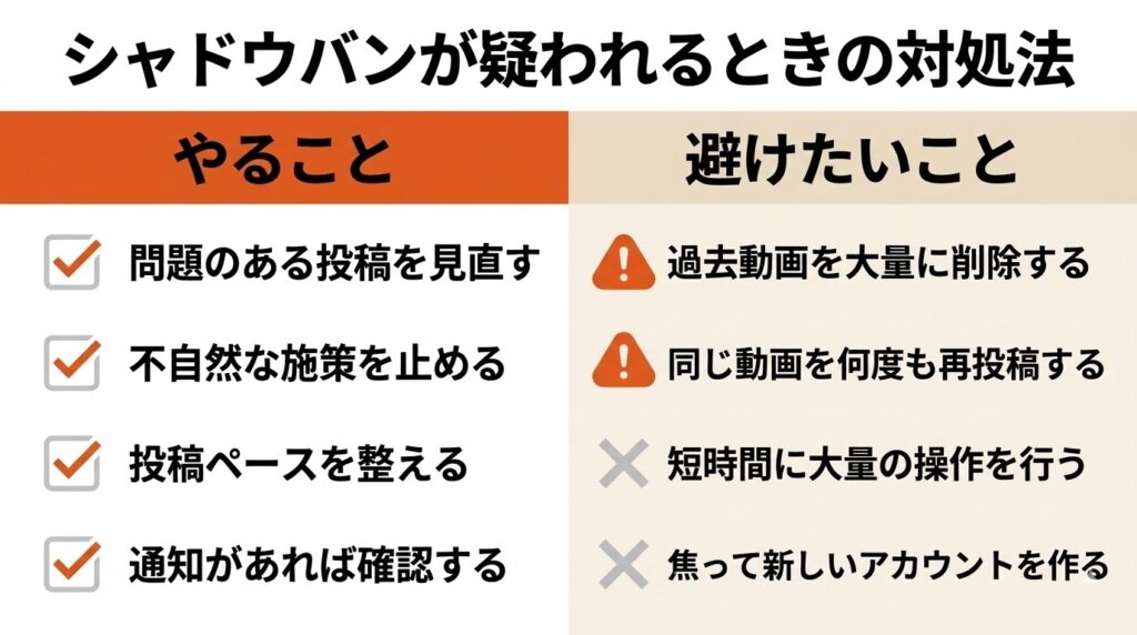 TikTokシャドウバンが疑われるときの対処法を比較した図解