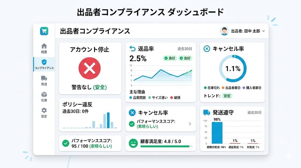 TikTok Shop販売者のアカウント管理とコンプライアンス指標のイラスト
