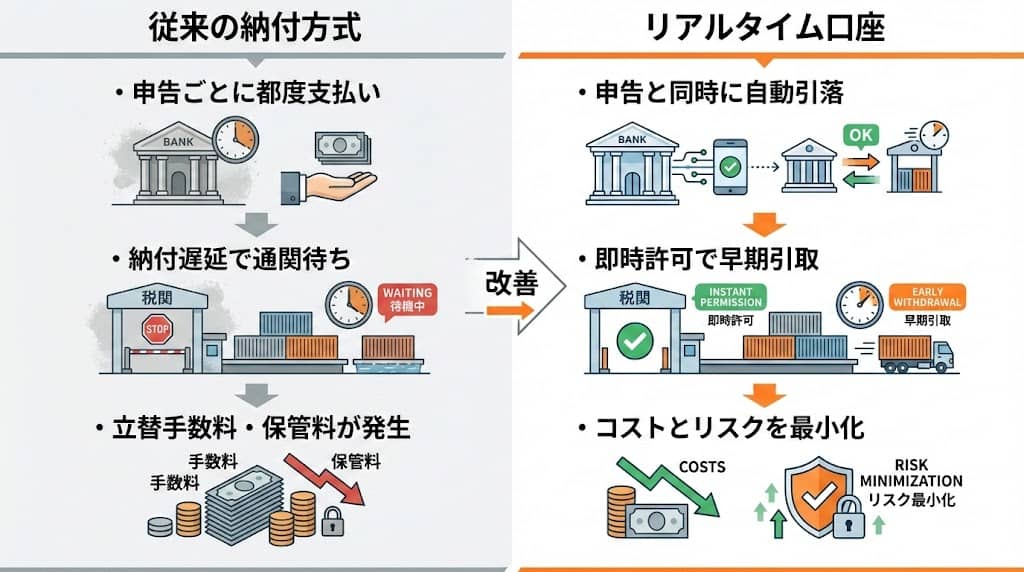 リアルタイム口座導入前後の輸入税金支払いと通関スピードの比較図