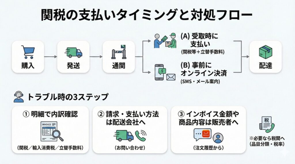 支払いタイミングとトラブル時の連絡先図
